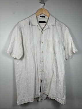 Wayne Gretzky Vintage Short-Sleeve Linen Button-Down Shirt in Light Cream Medium